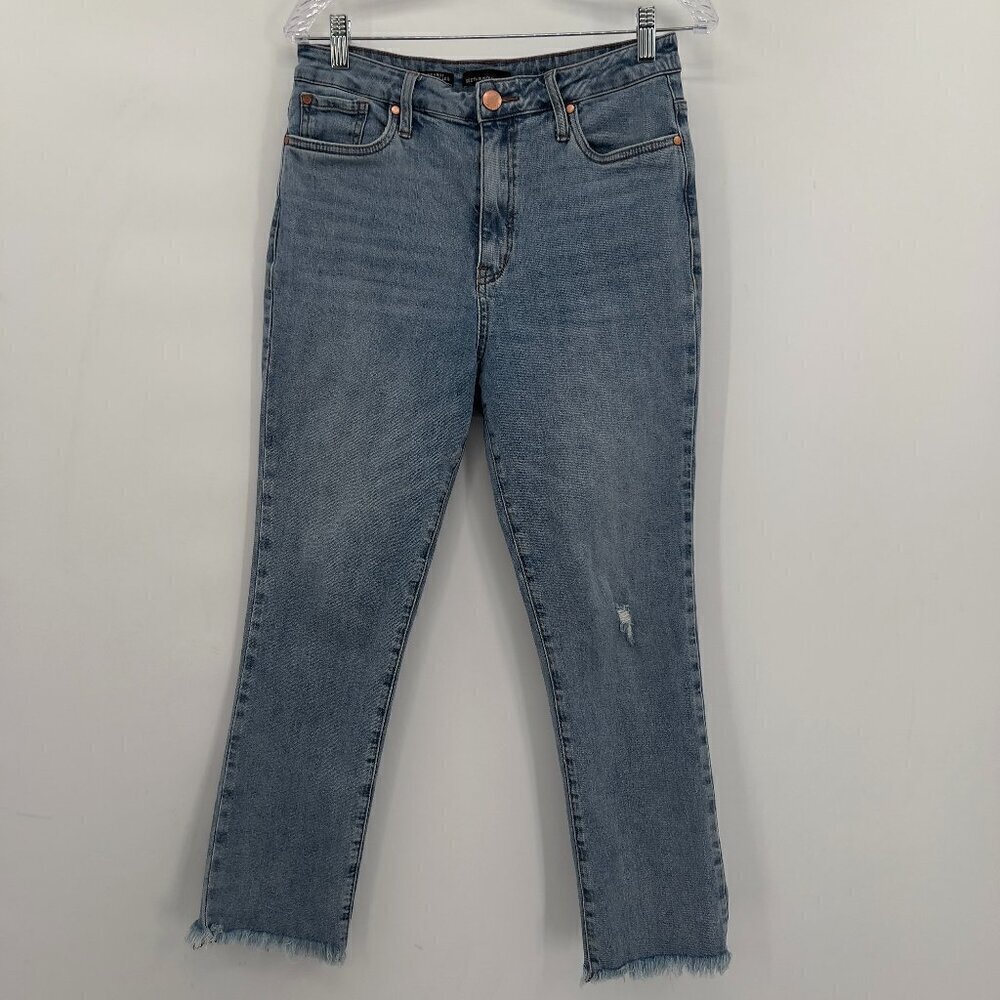See thru soul High Rise Straight Leg Raw Hem Distressed Jeans Women's 28